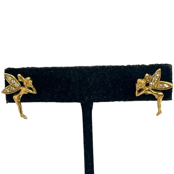 VINTAGE GOLD TONE FAIRY PIXIE STUD EARRINGS RHINESTONE WINGS WHIMSICAL CUTE - Picture 4 of 14